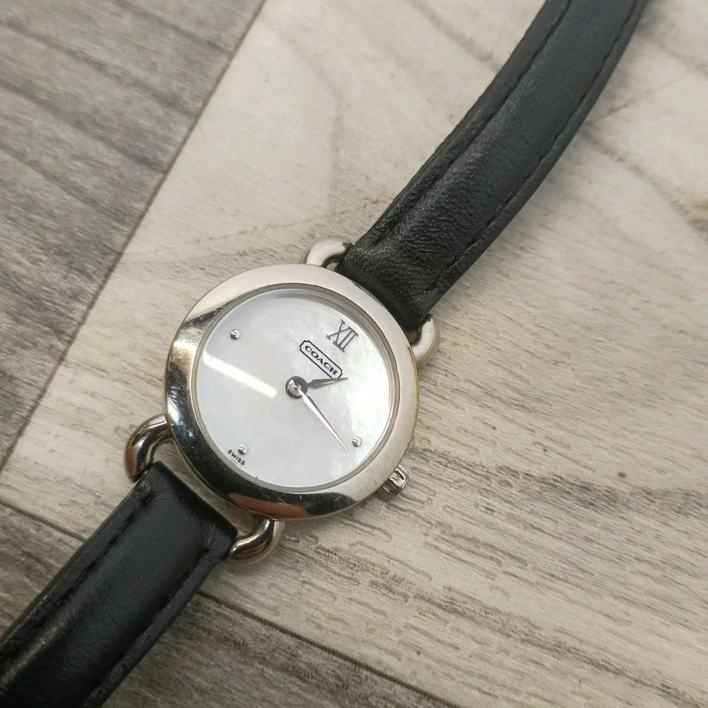 Coach Women's Watch Swiss Silver Genuine Black Leather Strap New Battery Pearl